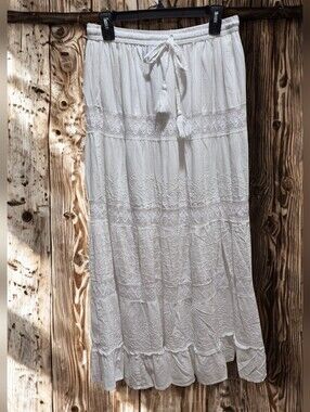 White Waves Cotton Tiered Maxi  Skirt Cottagecore Boho Lace & Embroidery NWT
